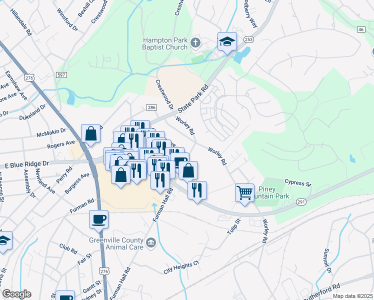 map of restaurants, bars, coffee shops, grocery stores, and more near 33 Orlando Avenue in Greenville