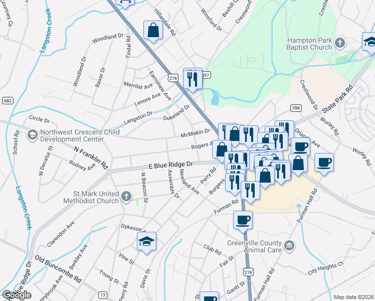 map of restaurants, bars, coffee shops, grocery stores, and more near 315 Rogers Avenue in Greenville