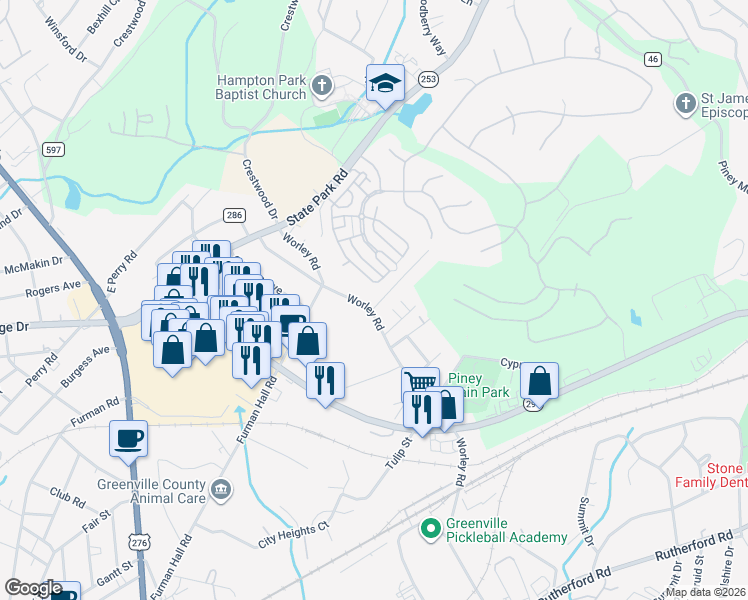 map of restaurants, bars, coffee shops, grocery stores, and more near 115 Worley Road in Greenville