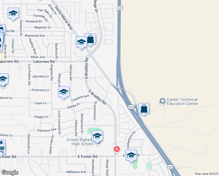 map of restaurants, bars, coffee shops, grocery stores, and more near 3854 Ventana Court in Orcutt