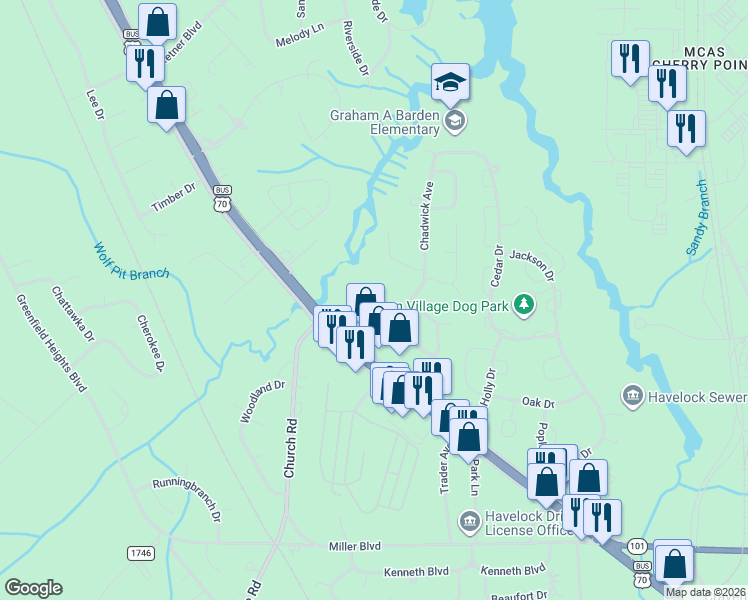 map of restaurants, bars, coffee shops, grocery stores, and more near 205 West Sherwood Drive in Havelock