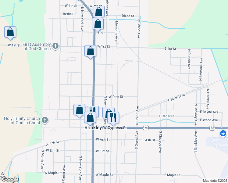 map of restaurants, bars, coffee shops, grocery stores, and more near 406 North Rice Street in Brinkley