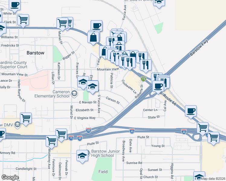 map of restaurants, bars, coffee shops, grocery stores, and more near 751 Patricia Street in Barstow