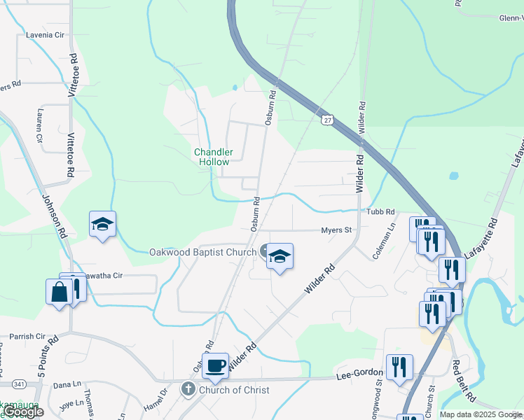 map of restaurants, bars, coffee shops, grocery stores, and more near 1225 Osburn Road in Chickamauga