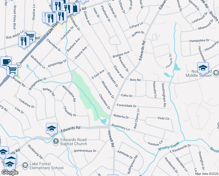 map of restaurants, bars, coffee shops, grocery stores, and more near 12 Windemere Drive in Greenville