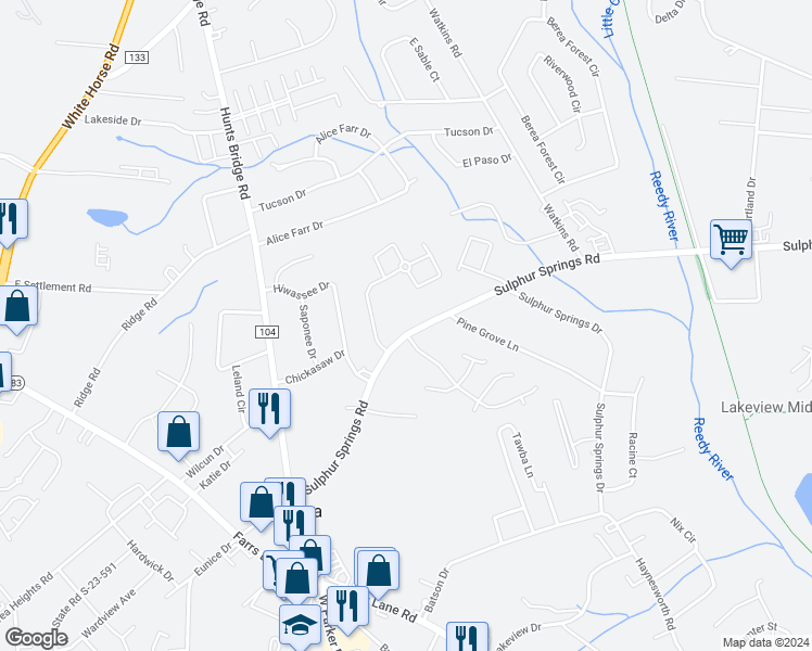 map of restaurants, bars, coffee shops, grocery stores, and more near 522 Sulphur Springs Road in Greenville