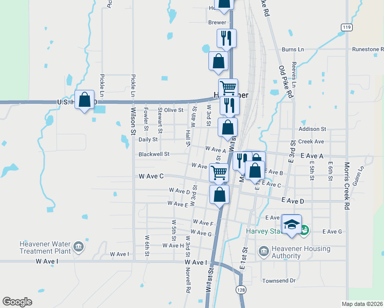 map of restaurants, bars, coffee shops, grocery stores, and more near 305 West 4th Street in Heavener