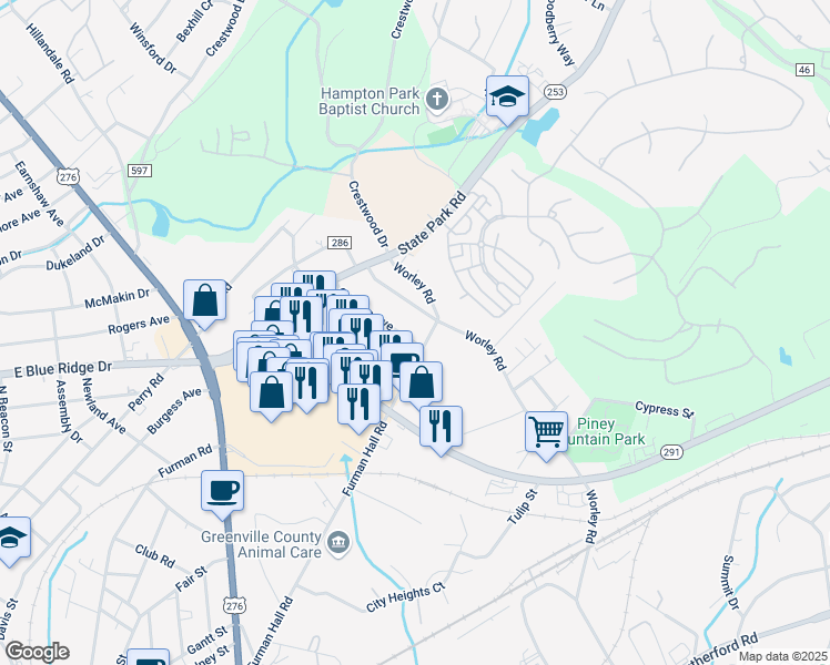 map of restaurants, bars, coffee shops, grocery stores, and more near 33 Orlando Avenue in Greenville