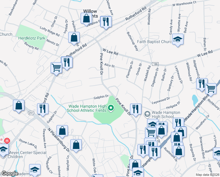 map of restaurants, bars, coffee shops, grocery stores, and more near 306 Pine Knoll Drive in Greenville