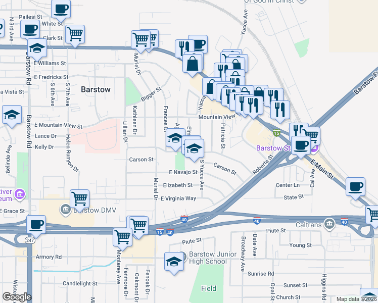 map of restaurants, bars, coffee shops, grocery stores, and more near 1149 Kelly Drive in Barstow