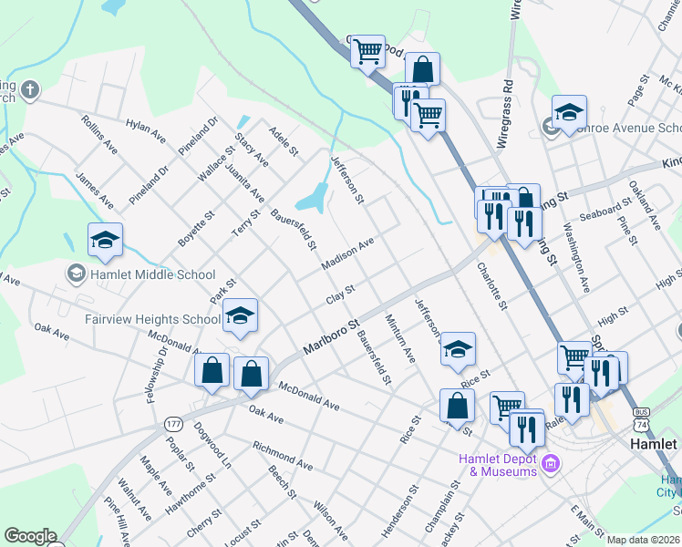 map of restaurants, bars, coffee shops, grocery stores, and more near 300 Clay Street in Hamlet