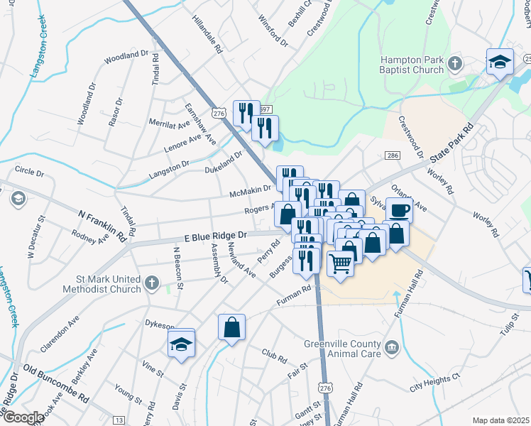 map of restaurants, bars, coffee shops, grocery stores, and more near 406 Rogers Avenue in Greenville