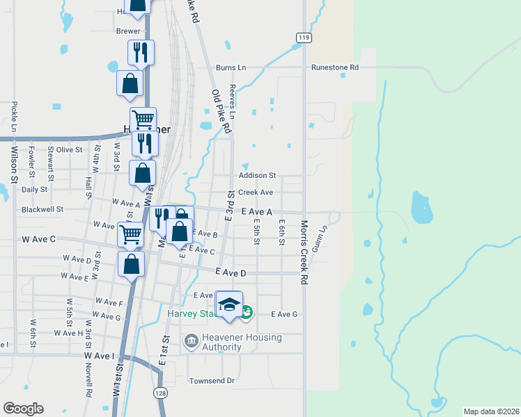 map of restaurants, bars, coffee shops, grocery stores, and more near 601 East Avenue A in Heavener