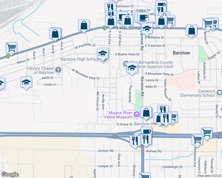 map of restaurants, bars, coffee shops, grocery stores, and more near 108 East Grandview Drive in Barstow