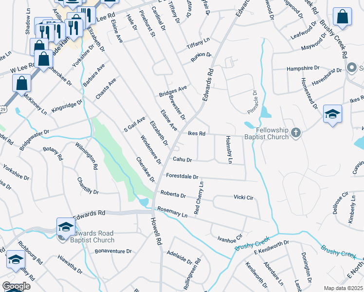 map of restaurants, bars, coffee shops, grocery stores, and more near 3102 Edwards Road in Taylors
