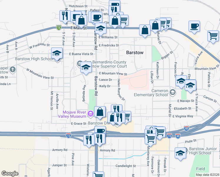 map of restaurants, bars, coffee shops, grocery stores, and more near 610 Kelly Drive in Barstow