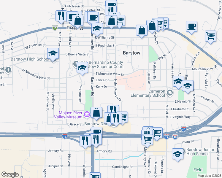 map of restaurants, bars, coffee shops, grocery stores, and more near 610 Kelly Drive in Barstow