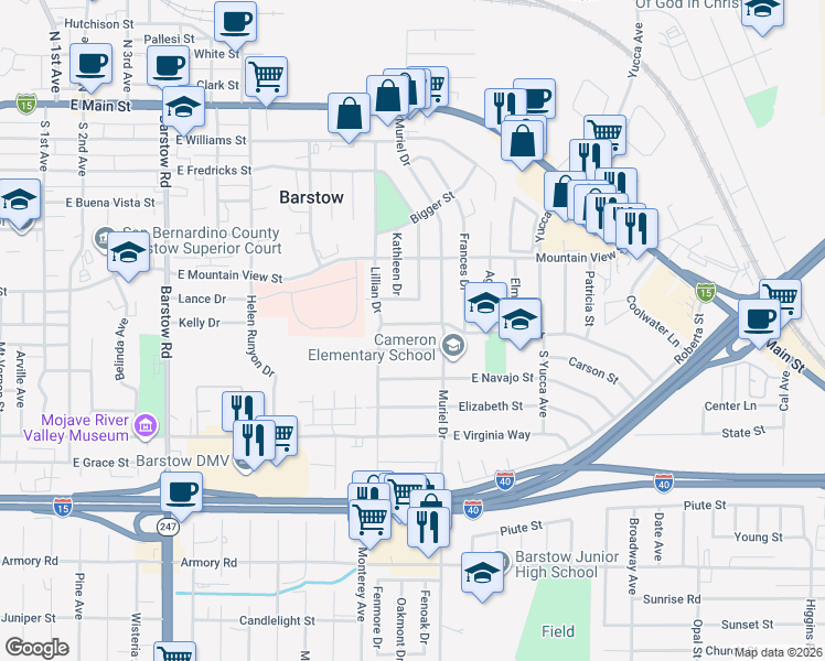 map of restaurants, bars, coffee shops, grocery stores, and more near 920 Kelly Drive in Barstow
