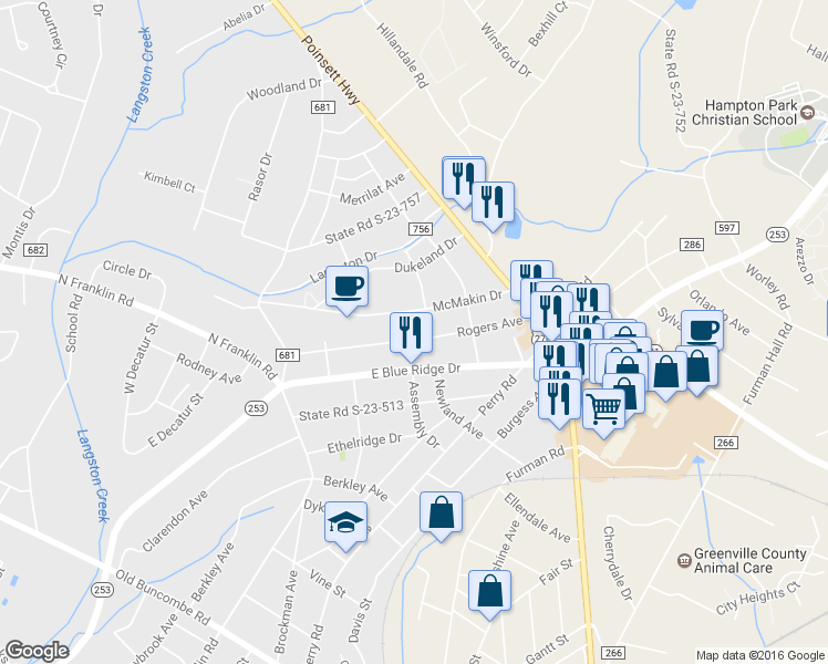map of restaurants, bars, coffee shops, grocery stores, and more near 301 Rogers Avenue in Greenville