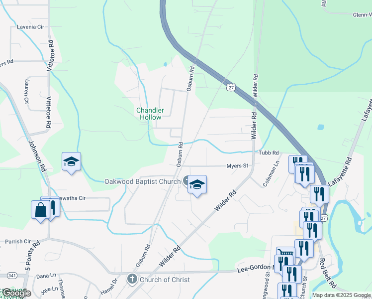 map of restaurants, bars, coffee shops, grocery stores, and more near 1225 Osburn Road in Chickamauga
