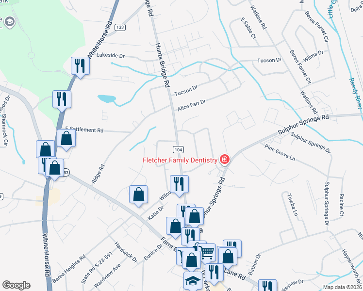 map of restaurants, bars, coffee shops, grocery stores, and more near 212 Hunts Bridge Road in Greenville
