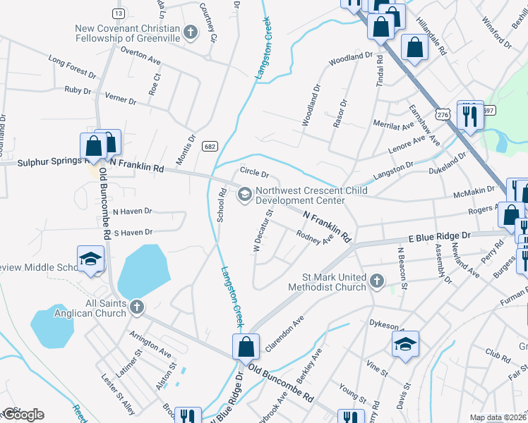 map of restaurants, bars, coffee shops, grocery stores, and more near 4 West Decatur Street in Greenville
