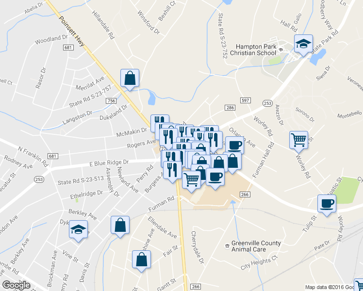 map of restaurants, bars, coffee shops, grocery stores, and more near 113 State Park Road in Greenville