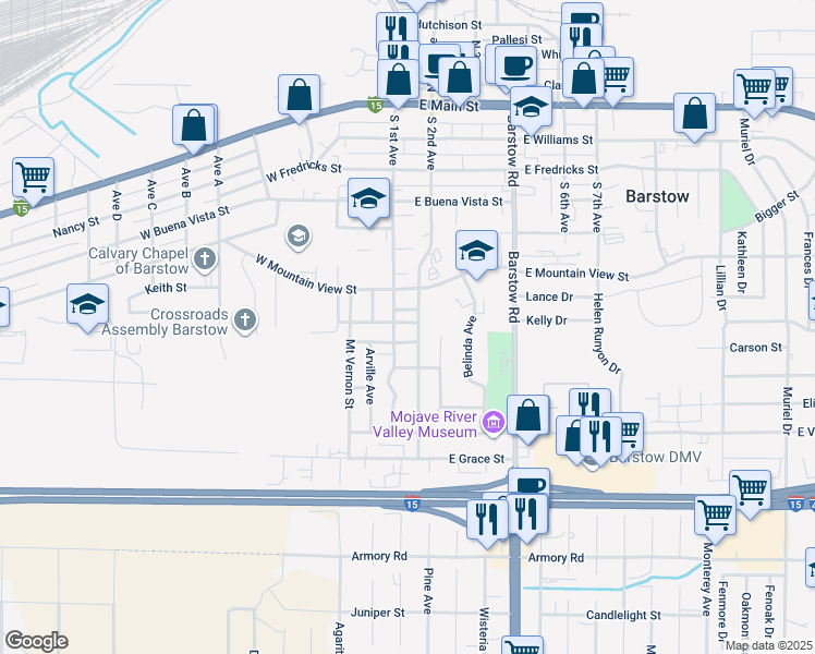 map of restaurants, bars, coffee shops, grocery stores, and more near 108 East Grandview Drive in Barstow
