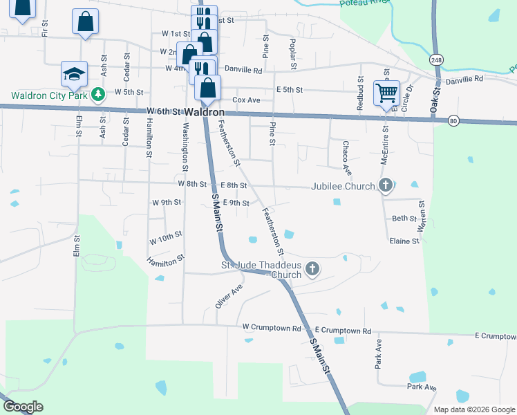 map of restaurants, bars, coffee shops, grocery stores, and more near 1016 Featherston Street in Waldron