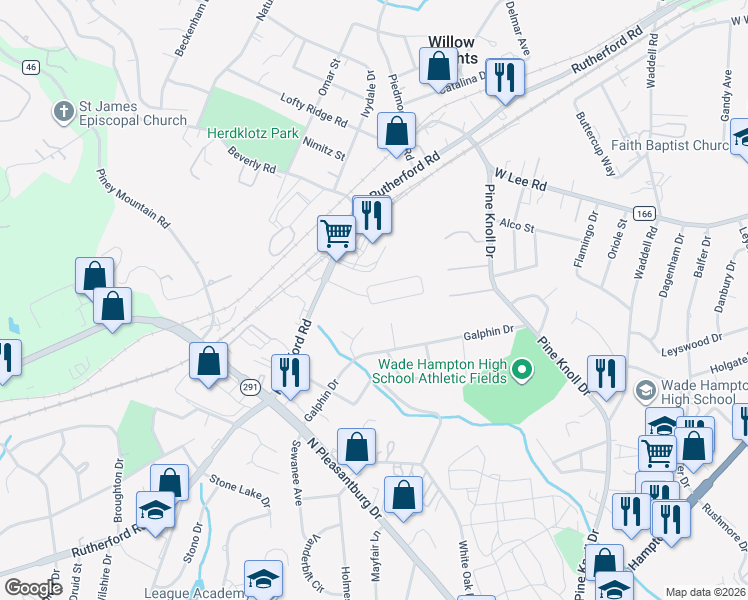 map of restaurants, bars, coffee shops, grocery stores, and more near 3640 North Acres Drive in Greenville