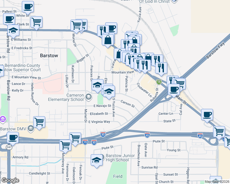 map of restaurants, bars, coffee shops, grocery stores, and more near 751 Yucca Avenue in Barstow