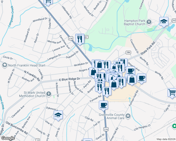 map of restaurants, bars, coffee shops, grocery stores, and more near 406 Rogers Avenue in Greenville