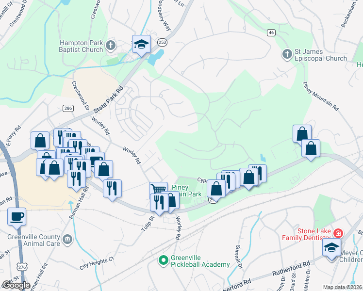 map of restaurants, bars, coffee shops, grocery stores, and more near 9999 Thrift Street in Greenville
