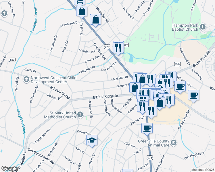 map of restaurants, bars, coffee shops, grocery stores, and more near 301 Rogers Avenue in Greenville