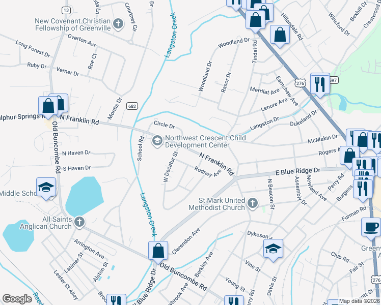 map of restaurants, bars, coffee shops, grocery stores, and more near 825 North Franklin Road in Greenville