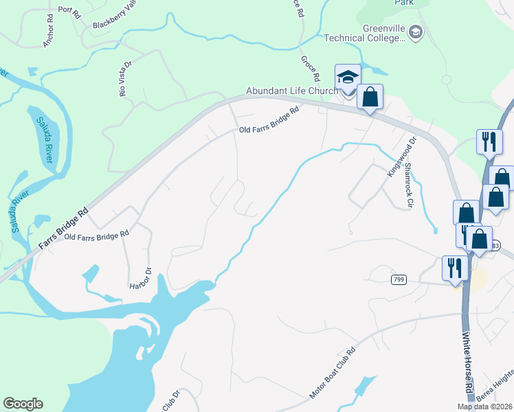 map of restaurants, bars, coffee shops, grocery stores, and more near 6 Tristan Ridge Court in Greenville
