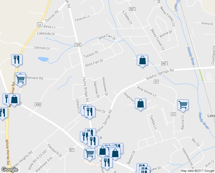 map of restaurants, bars, coffee shops, grocery stores, and more near 123 Hiwassee Drive in Greenville