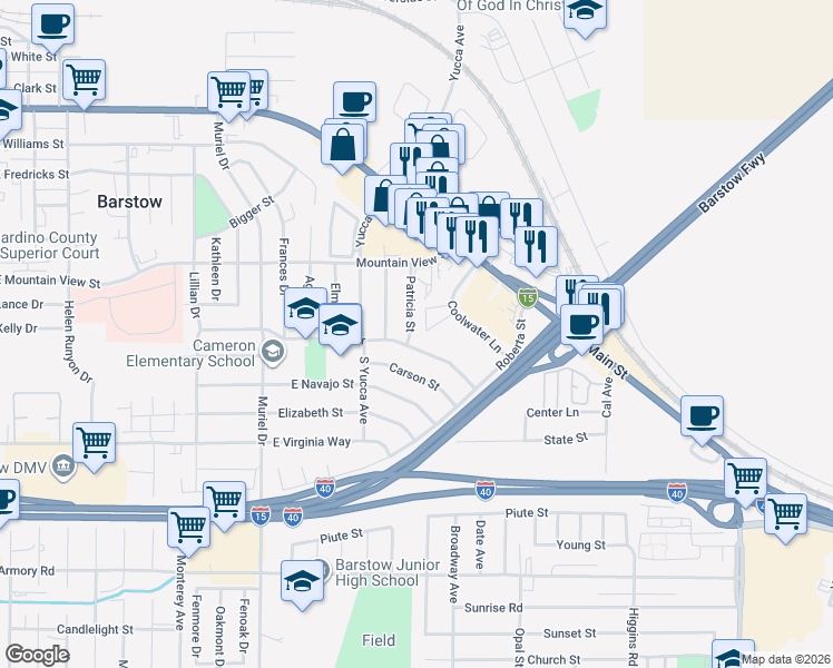 map of restaurants, bars, coffee shops, grocery stores, and more near 751 Patricia Street in Barstow