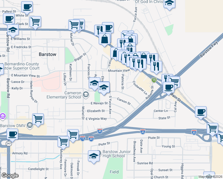 map of restaurants, bars, coffee shops, grocery stores, and more near 751 Yucca Avenue in Barstow