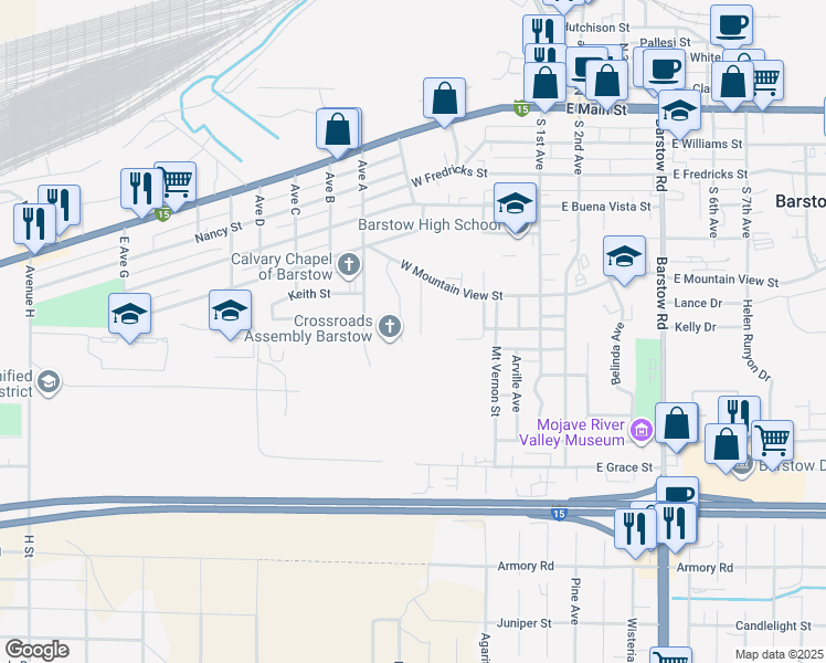 map of restaurants, bars, coffee shops, grocery stores, and more near 449 Highland Avenue in Barstow