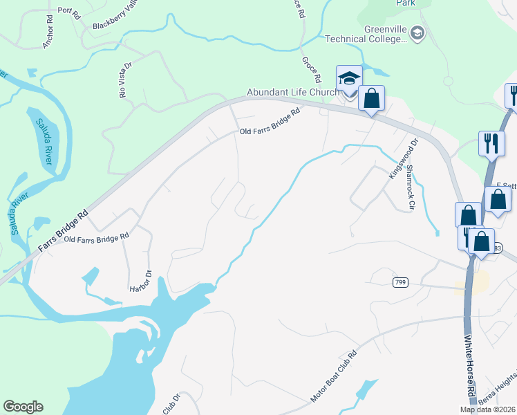 map of restaurants, bars, coffee shops, grocery stores, and more near 6 Tristan Ridge Court in Greenville