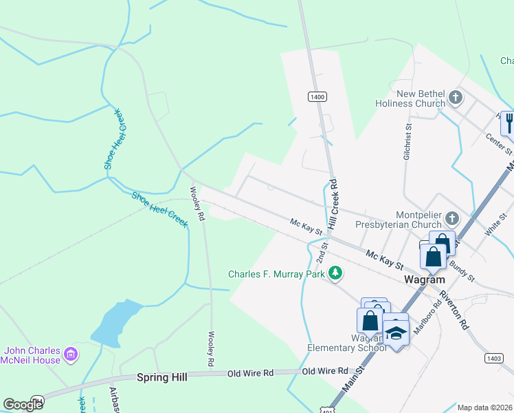 map of restaurants, bars, coffee shops, grocery stores, and more near 21420 Mckay Street in Wagram