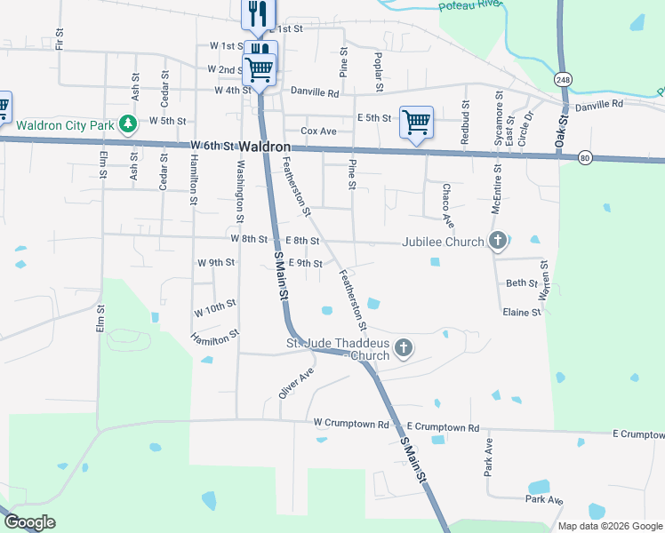 map of restaurants, bars, coffee shops, grocery stores, and more near 1016 Featherston Street in Waldron