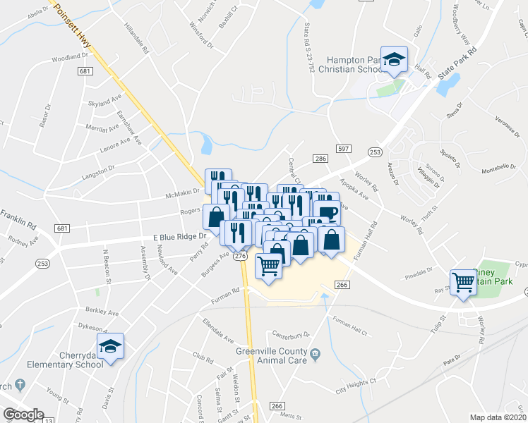 map of restaurants, bars, coffee shops, grocery stores, and more near 117 State Park Road in Greenville