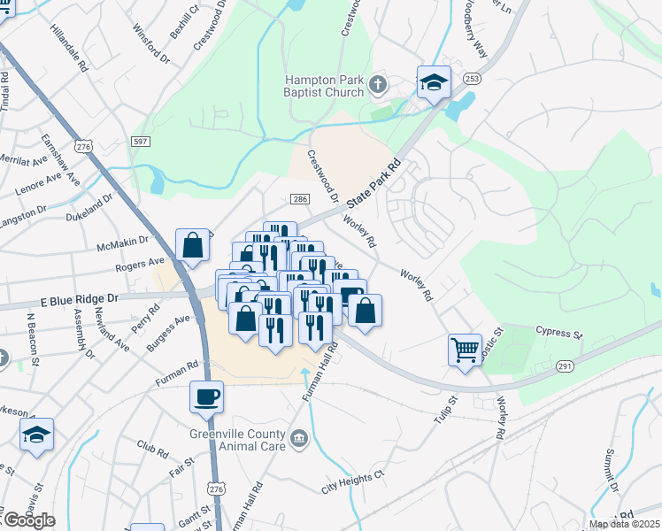 map of restaurants, bars, coffee shops, grocery stores, and more near 20 Orlando Avenue in Greenville