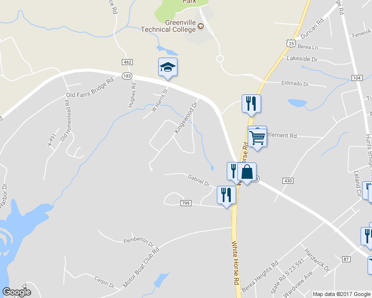 map of restaurants, bars, coffee shops, grocery stores, and more near 32 Shamrock Circle in Greenville