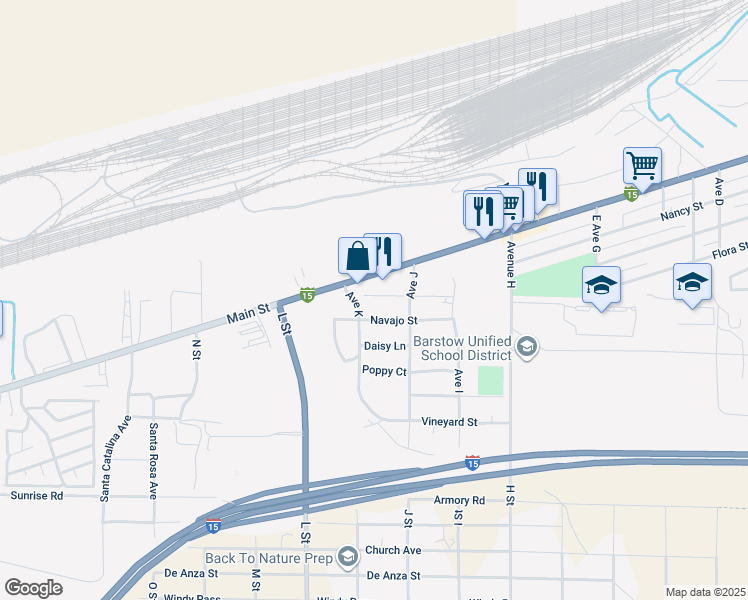 map of restaurants, bars, coffee shops, grocery stores, and more near K Street in Barstow