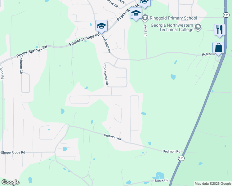 map of restaurants, bars, coffee shops, grocery stores, and more near 46 Pebblestone Drive in Ringgold