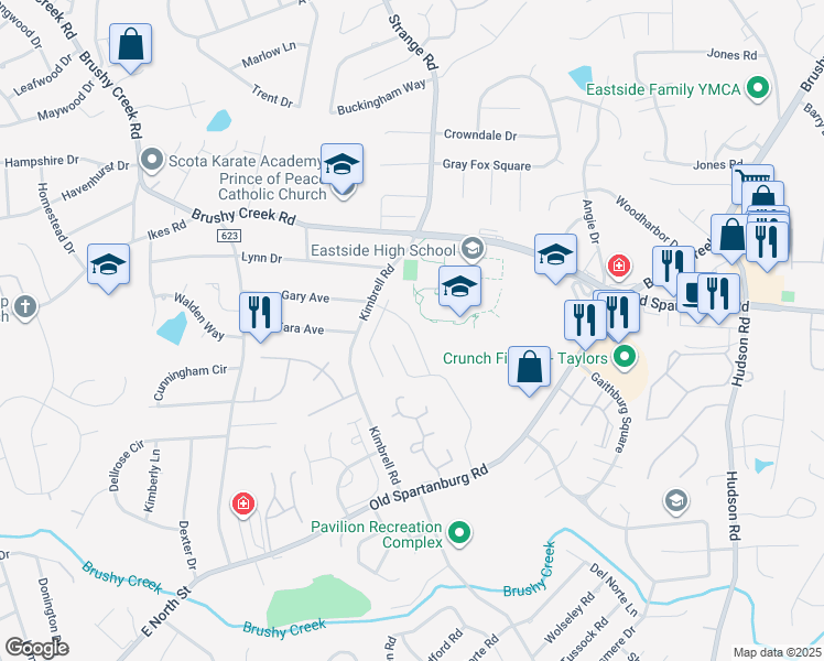 map of restaurants, bars, coffee shops, grocery stores, and more near Crowned Eagle Drive in Taylors