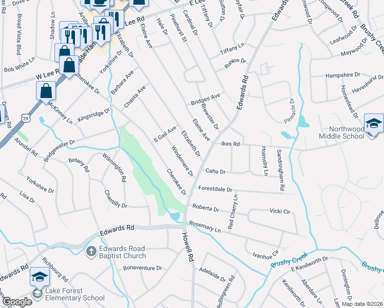 map of restaurants, bars, coffee shops, grocery stores, and more near 12 Windemere Drive in Greenville